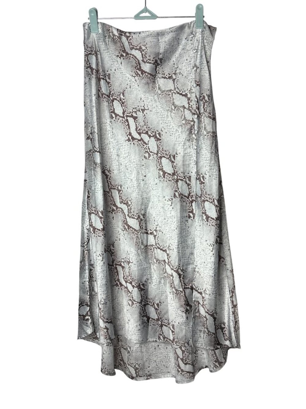 TCEC Midi Skirt Size L High Low Satin Reptile Print Faux Buttons Slit